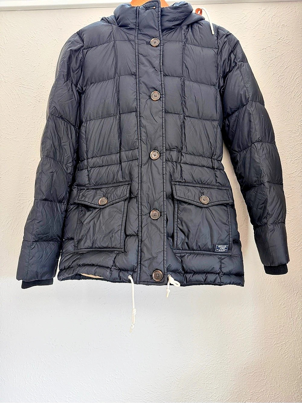Women Abercrombie & Fitch Hooded Down Quilted Zip Puffer Jacket-Black-Small